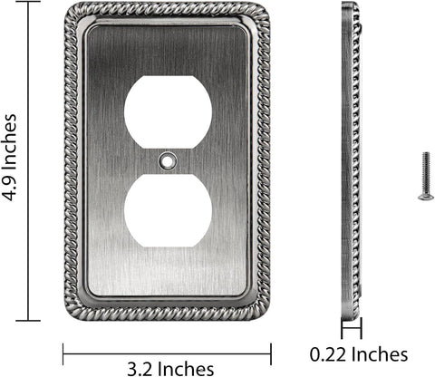 Henne Bery Rope Edge Decorative Wall Plate Switch Plate Outlet Cover (Single Duplex, 2 Pack, Heirloom Silver)