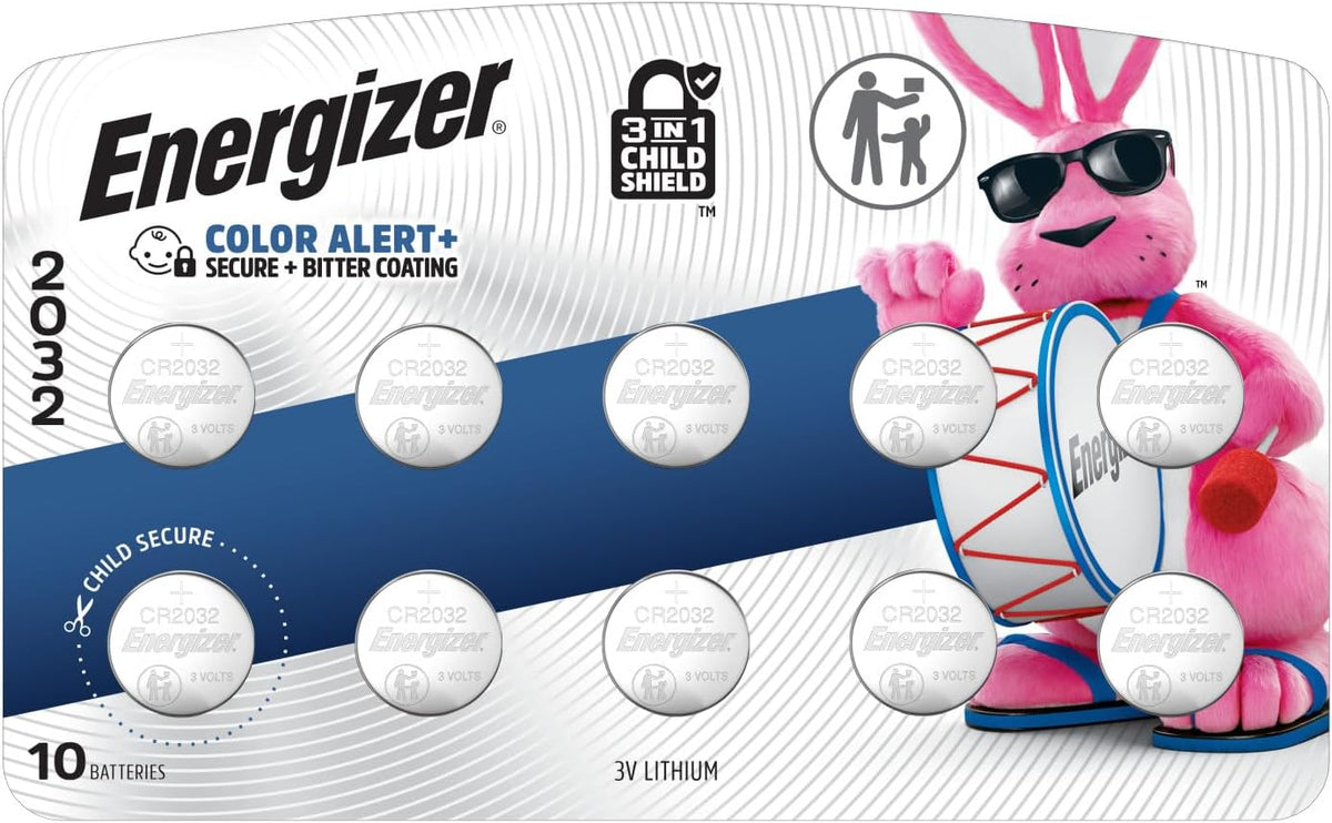 Energizer 2032 Batteries (10 Pack), 3V Lithium Coin Lithium Batteries with 3-in-1 Child Shield