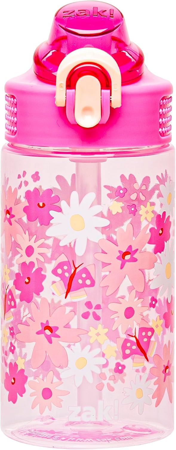 Zak Designs Flower Sage 16oz Leak-Proof Straw Kids Water Bottle, Plastic