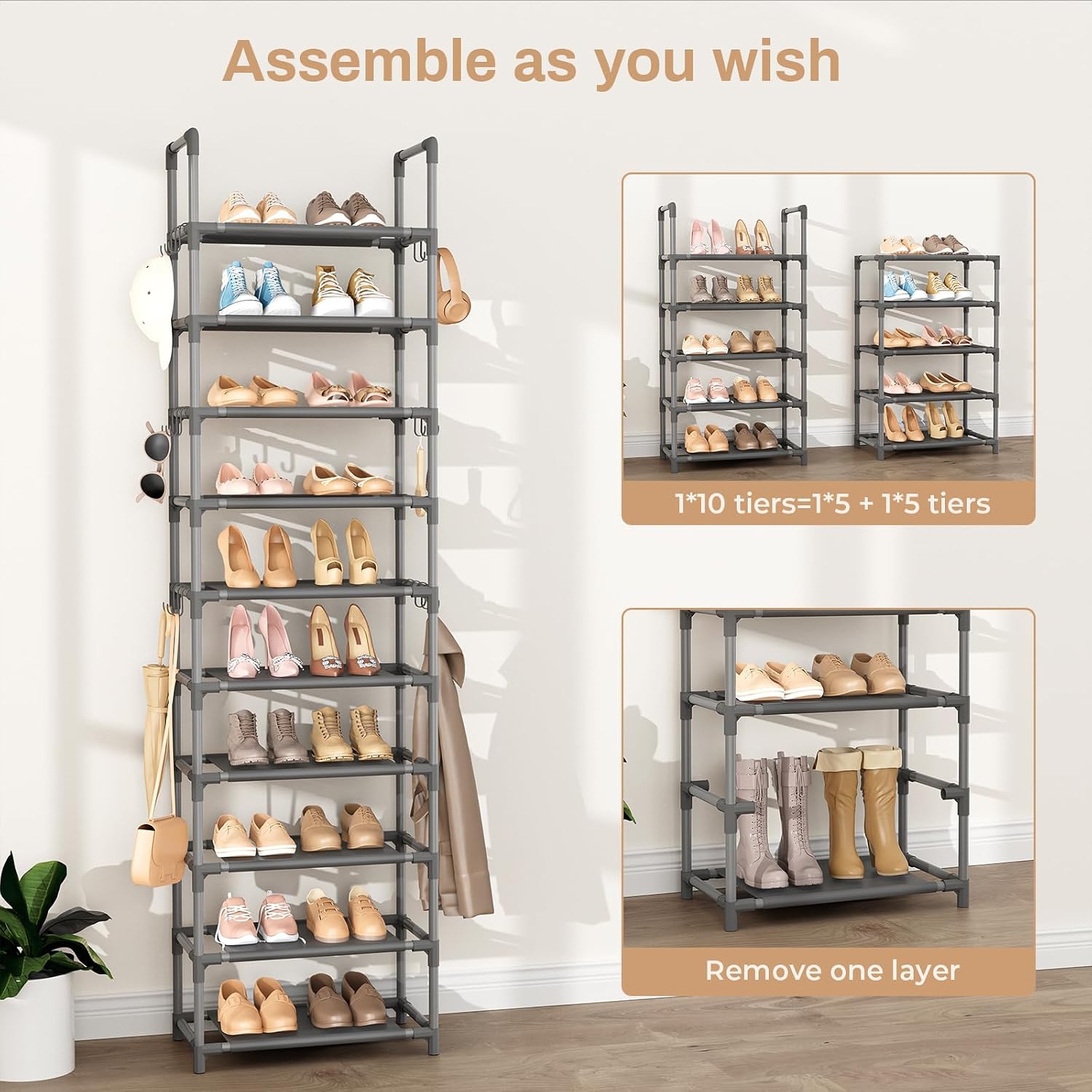 VTRIN 10 Tiers Tall Shoe Rack Holds 20-25 Pairs of Shoes Sturdy Vertical Shoe Organizer with 18pcs Hooks Stackable Narrow Shoe Rack for Closet, Entryway Grey