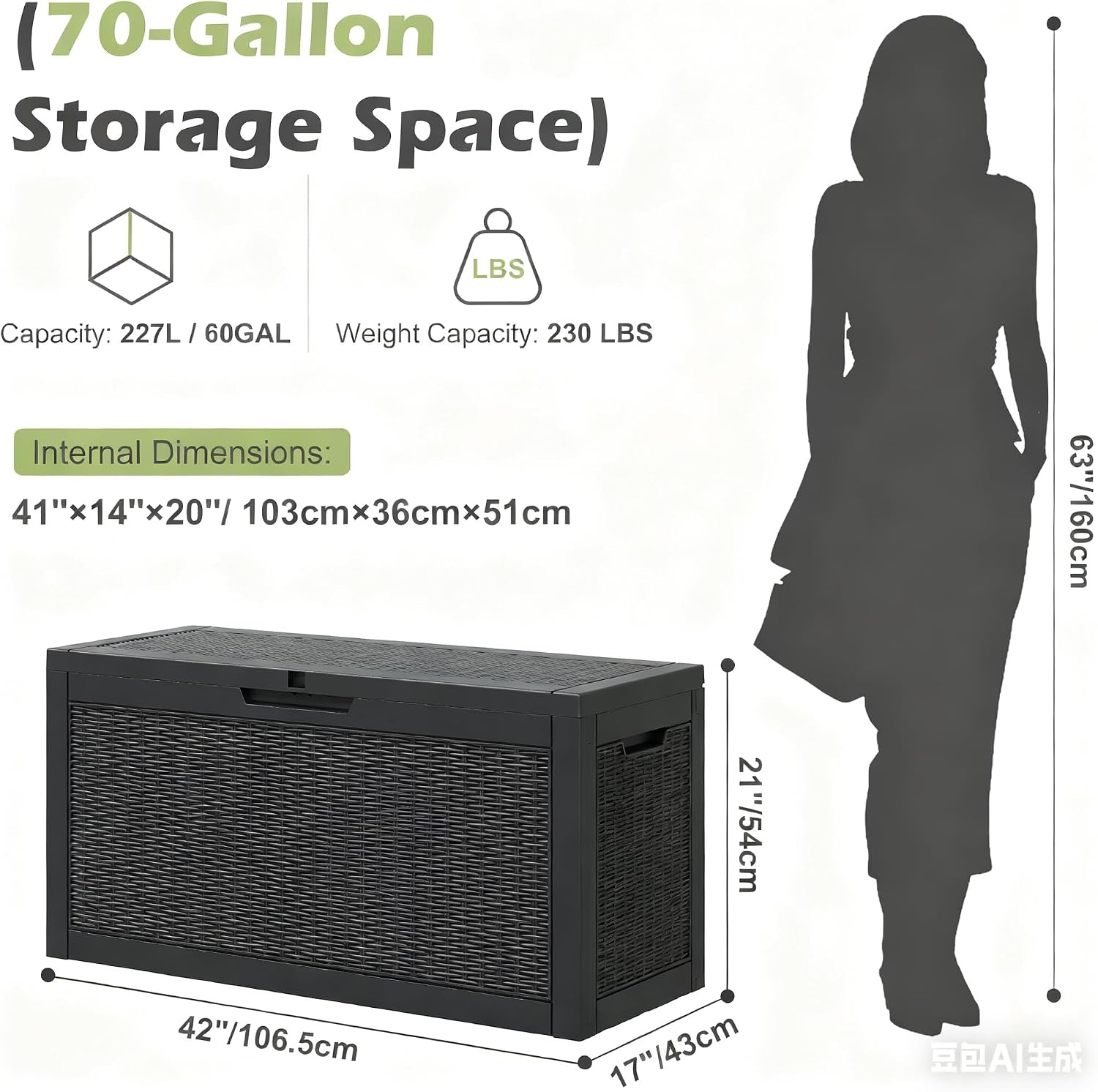Outdoor Storage Box, Resin Deck Boxes Indoor and outdoor, Waterproof Storage Box Lockable Lid (Black, 70 Gallon)