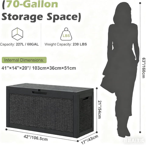 Outdoor Storage Box, Resin Deck Boxes Indoor and outdoor, Waterproof Storage Box Lockable Lid (Black, 70 Gallon)