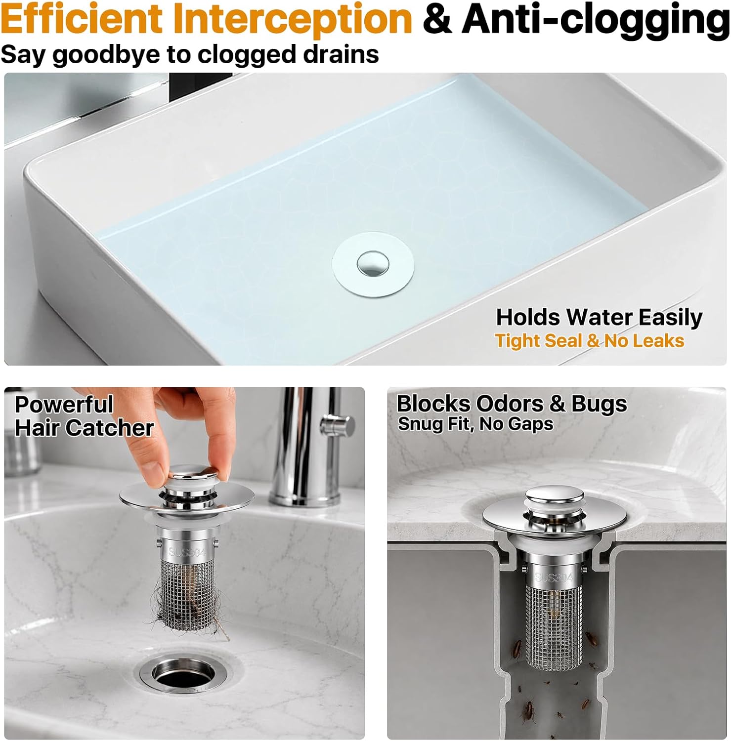 2PCS Bathroom Sink Stopper Hair Catcher, Pop Up Sink Drain Stopper with Strainer & Filter, Universal Drain Plug for Sink Drain & Replacement, Sink Drain Cover with Basket for Bathroom Stopper