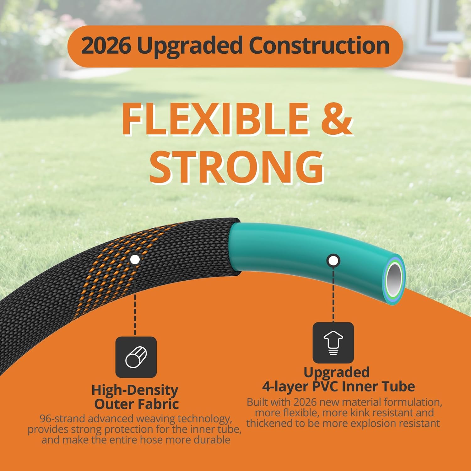 Garden Hose 100ft, 2026 New Flexible Water Hose with 10 Function Nozzle, Solid Brass Fittings, Lightweight, No Kink, Leak-proof, Durable Fabric Hose for Gardening, Cleaning, Car Washing