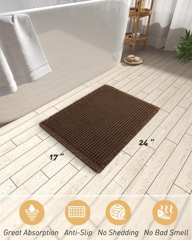 Upgraded Waffle Bath Mat Ultra Absorbent Non Slip Bathroom Mat, 17" x 24"