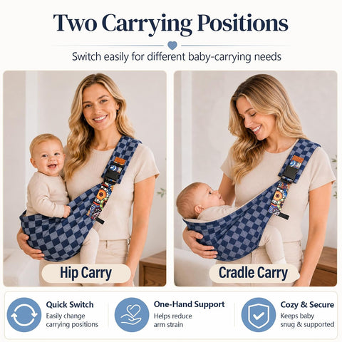 Baby Sling Carrier, Baby Carrier Newborn to Toddler with Adjustable Strap, Non-Slip Baby Half Wrapped Sling Hip Carrier 10-30lbs (Blue Square)