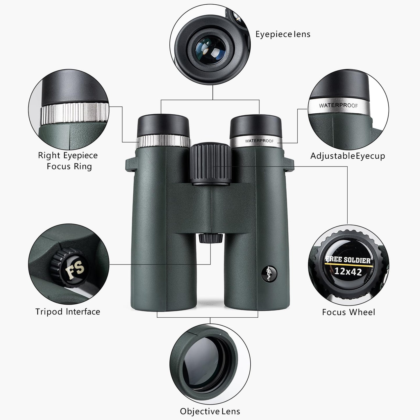 FREE SOLDIER 12×42 Binoculars for Adults and Kids - High Power Life Waterproof HD Compact Binoculars for Bird Watching Hunting Hiking Sightseeing Travel Concerts with BAK4 Prism FMC Lens, Green