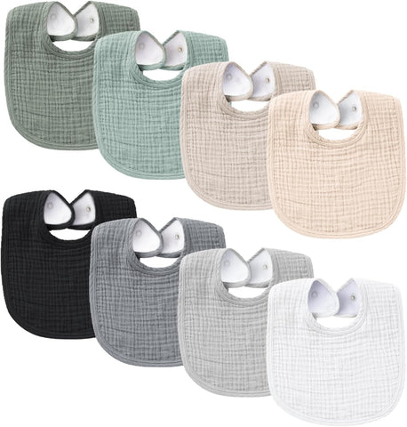 Konssy 8-Pack Muslin Baby Bibs, Adjustable Fit for Drooling and Teething