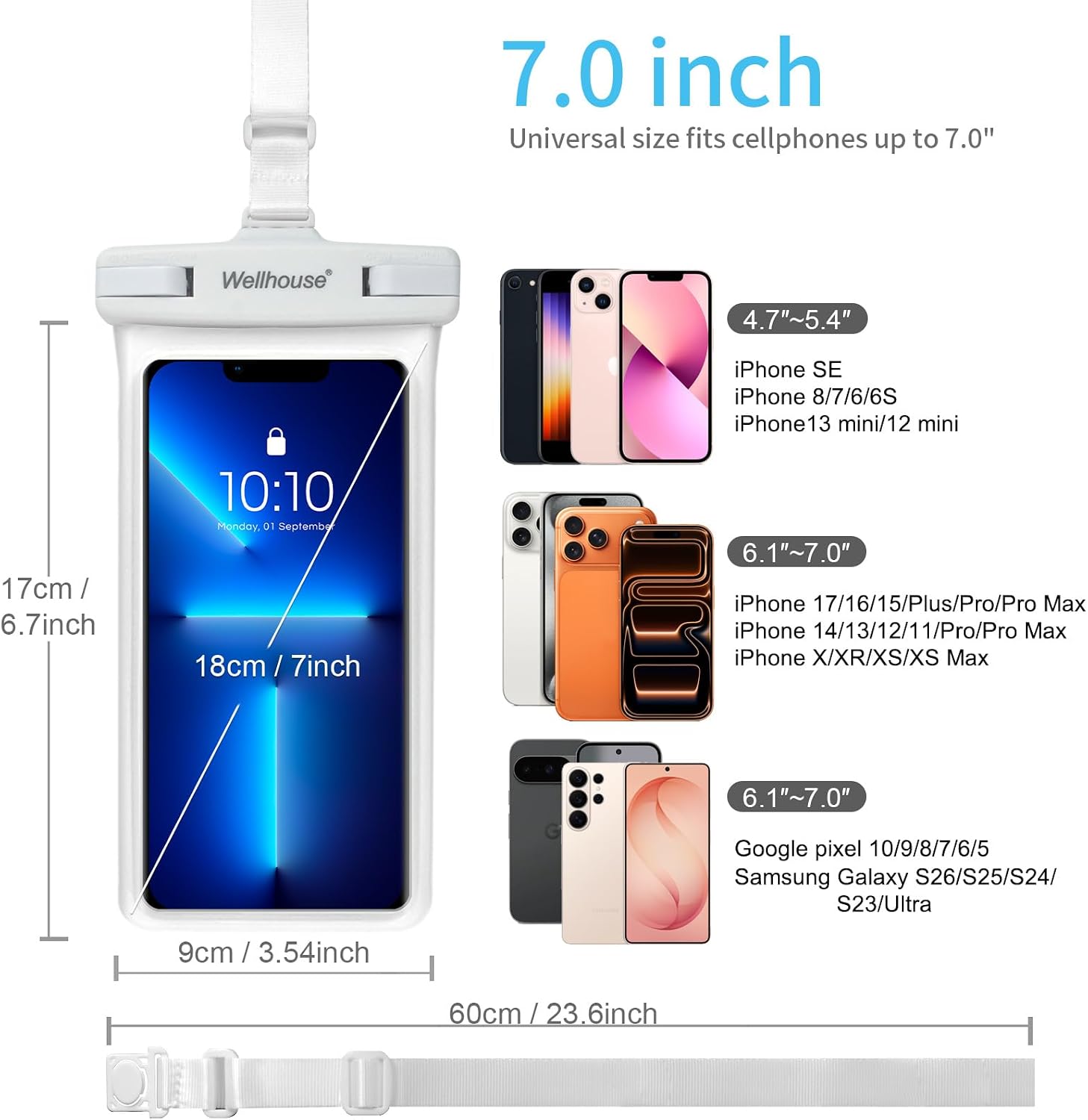 wellhouse Waterproof Phone Pouch, Waterproof Phone Case for iPhone 17 16 15 14 13 Pro Max XS Samsung, IPX8 3D Cellphone Dry Bag Beach Essentials (2 Pack - Black & White7.0, 7 inch)
