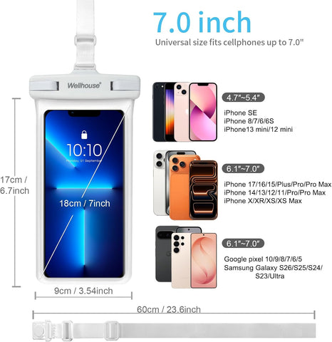 wellhouse Waterproof Phone Pouch, Waterproof Phone Case for iPhone 17 16 15 14 13 Pro Max XS Samsung, IPX8 3D Cellphone Dry Bag Beach Essentials (2 Pack - Black & White7.0, 7 inch)