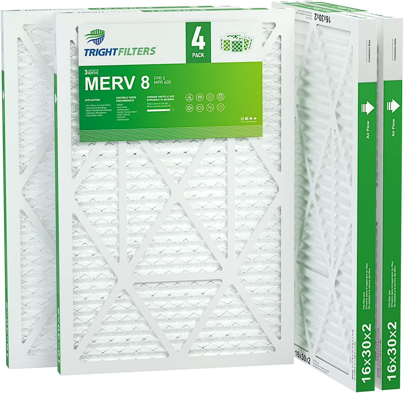 16x30x2 Air Filter TRIGHTFILTERS, Durable MERV 8 Pleated Home HVAC AC Furnace Heater Filters Replacement, Lightweight Compact Air Conditioner Filters 4 Pack