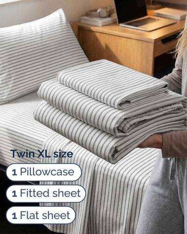 Twin XL Size 3 Piece Sheet Set - Breathable & Cooling Sheets - Grey Stripes