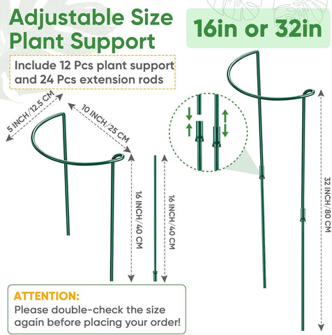 12 Pack 32 or 16 inch Adjustable Plant Support Stakes, Heavy-Duty Half Round Peony Support, Garden Plant Stakes Cage for Outdoor Plants, Peony, Tomato, Hydrangea, (16In Support +16In Extension Tubes)