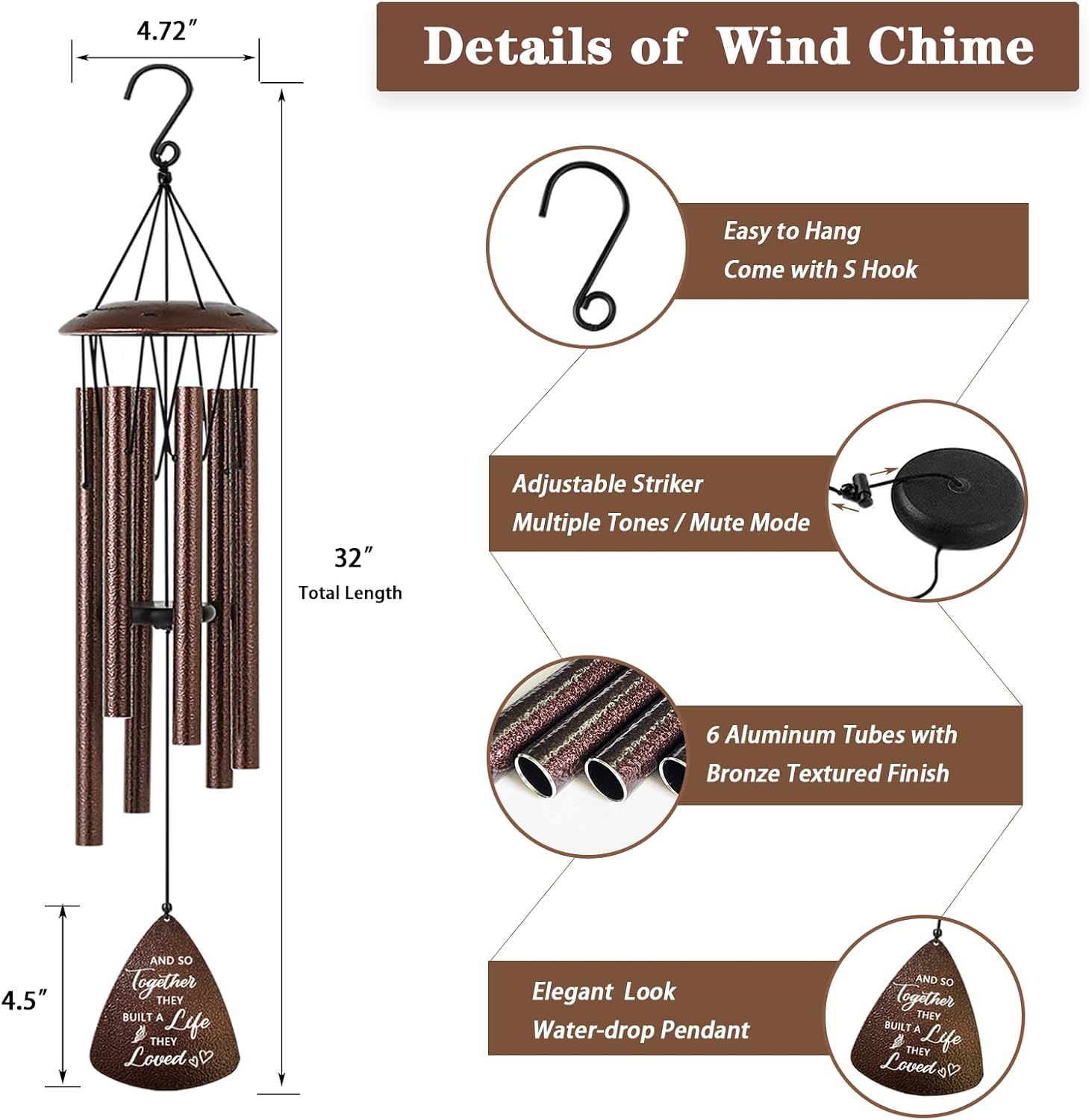 Wedding Gifts for Couples, 32" Bronze Wind Chimes Gift for Wedding Engagement Newly Wed, Bridal Shower Gift for Bride, Mr and Mrs Gifts