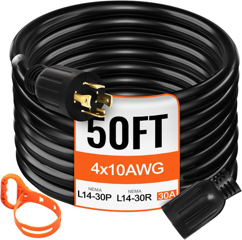 VEVOR 50 FT 30 Amp Generator Extension Cord SJTW 10 AWG 4 Prong, NEMA L14-30P 125/250V Heavy Duty Generator Power Cord with Twist Lock Connector