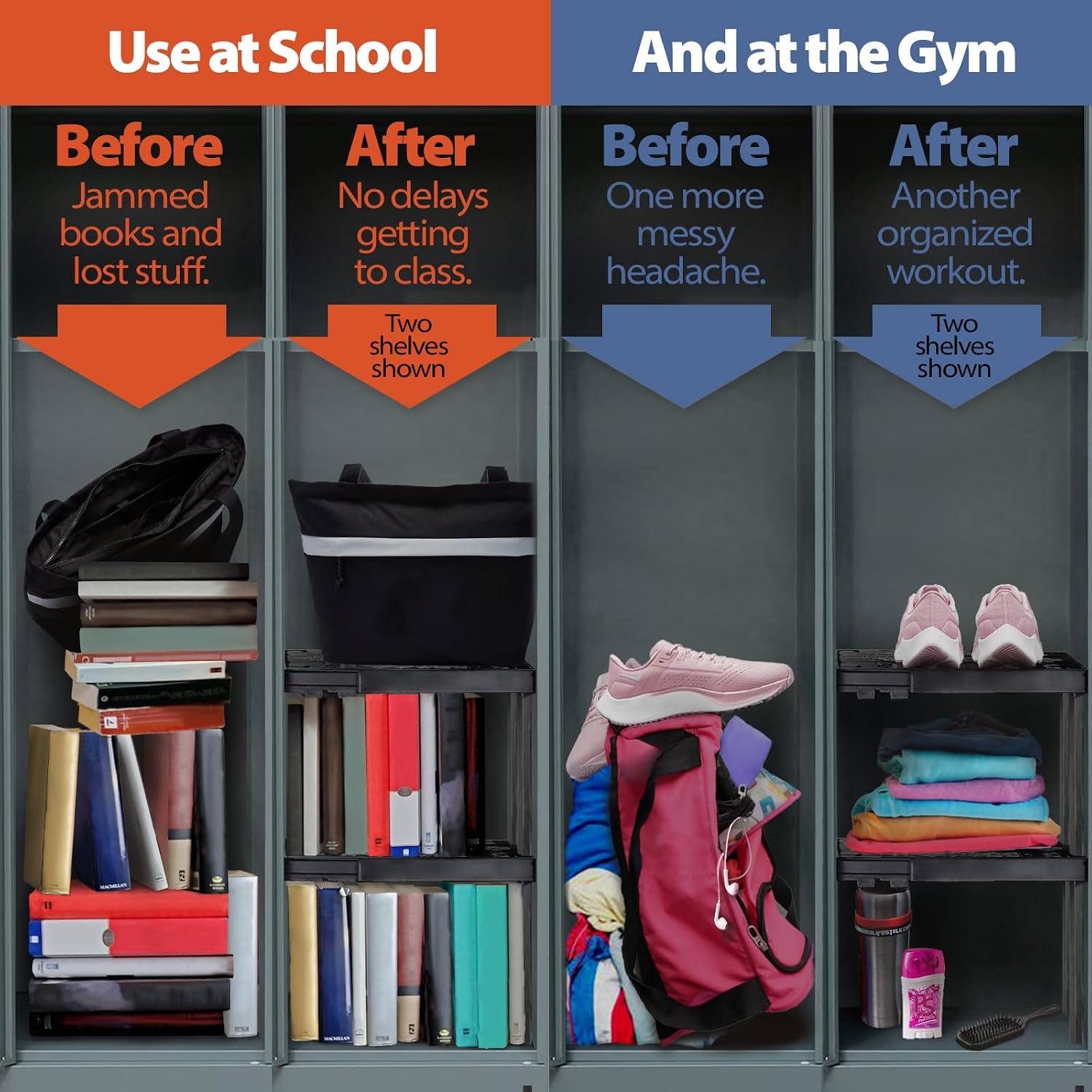 Piffny Locker Organizer Shelf， Adjustable Width and Height, Ideal Locker for School, Office, and Gym Lockers (Black 2 Pack), PLKSLF01