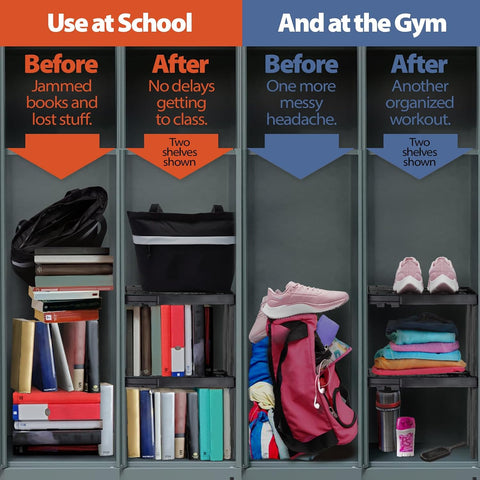 Piffny Locker Organizer Shelf， Adjustable Width and Height, Ideal Locker for School, Office, and Gym Lockers (Black 2 Pack), PLKSLF01