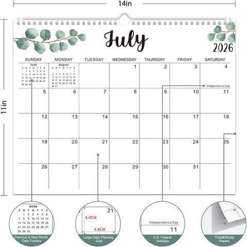 Wall Calendar 2026-2027, 18-Month Academic, Jul 2026-Dec 2027, 14x11