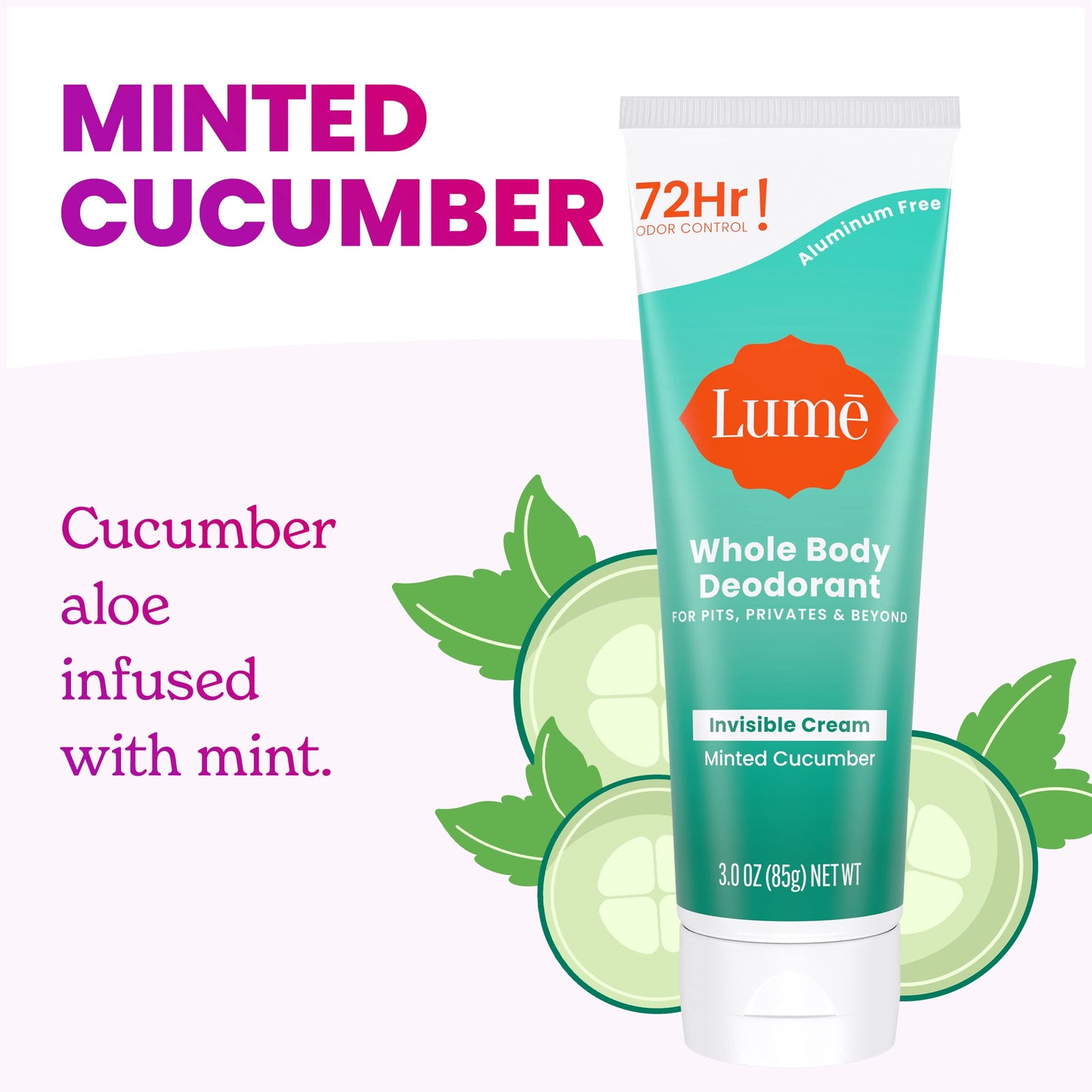 Lume Whole Body Deodorant - Invisible Cream Tube - 72 Hour Odor Control - Aluminum Free, Baking Soda Free, Skin Safe - 3.0 ounce (Minted Cucumber)