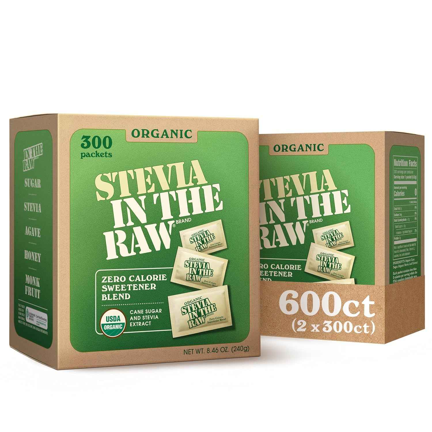 Stevia In The Raw, Organic Stevia Sweetener Packets, 300 Ct Box, 2 Pack | Zero Calorie Stevia Sugar Substitute Packets, No Erythritol or Artificial Flavors, USDA Organic, Non-GMO Project Verified