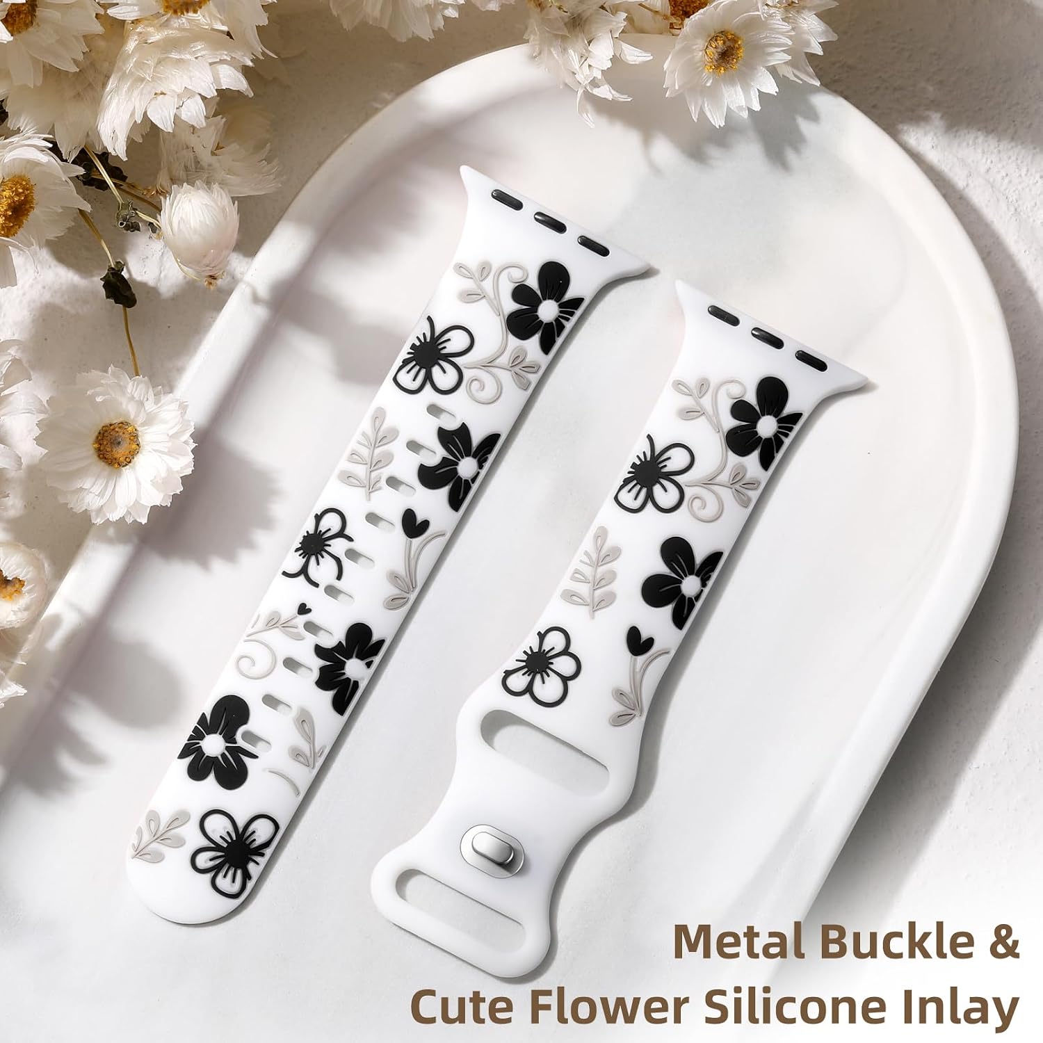 Witzon Floral Band Compatible with Apple Watch Bands For Women 40mm 41mm 38mm 42mm 44mm 45mm 46mm 49mm, Engraved Cute Flower Silicone Dressy Strap for iWatch Series 11 10 9 8 7 6 5 4 3 2 SE Ultra