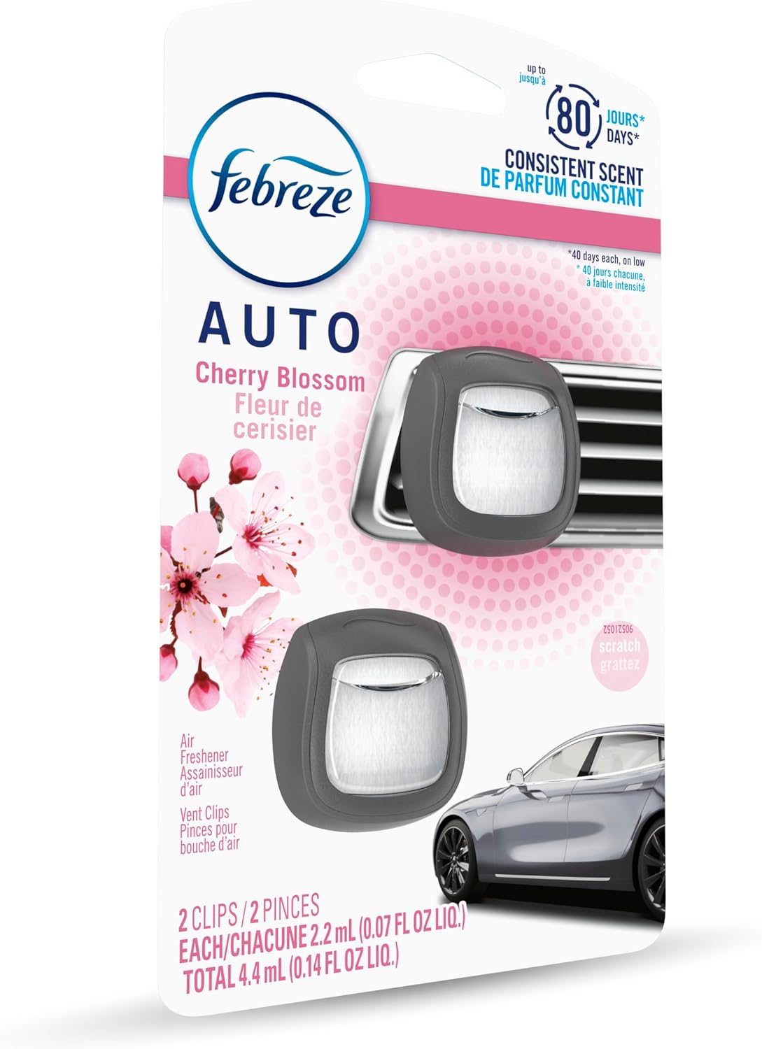Febreze AUTO Air Freshener, Odor-Fighting Automotive Vent Clip, Scented Car Accessories, Long Lasting for Strong Odors, Cherry Blossom Scent, 2 Count