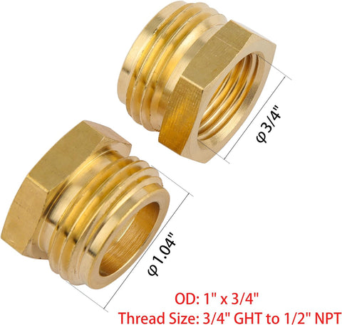 Garden Hose Adapter, 3/4" GHT Male to 1/2" NPT Female Connector