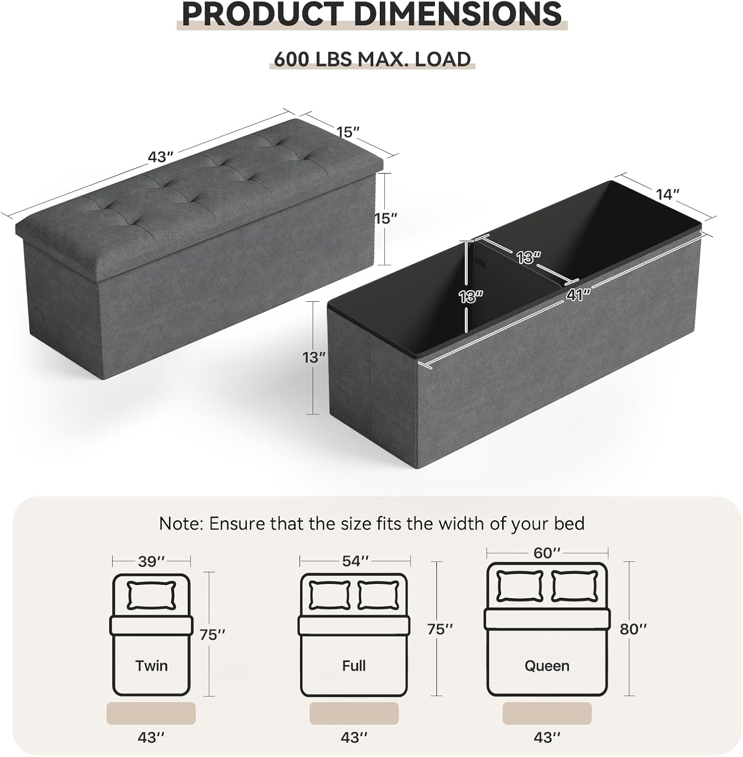 Storage Ottoman Bench, 43 Inch Ottoman Foot Rest, End of Bed Bench, Storage Chest for Living Room, Bedroom, Entryway, Gray