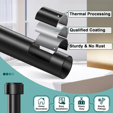 Curtain Rods 18-60 Inch, 1" Heavy Duty Adjustable Curtain Rod for Windows, Black Window Treatment Rod, Modern Design, Easy Installation