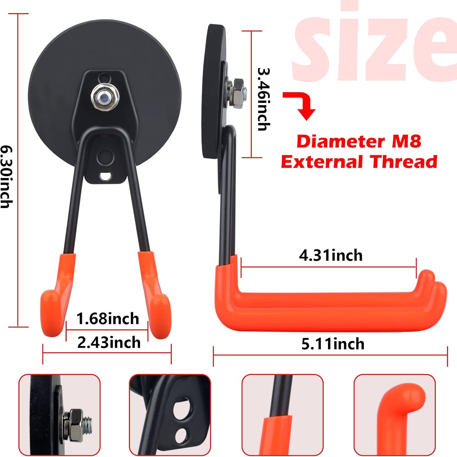ULIBERMAGNET Magnetic Hooks,Heavy Duty Magnet Hook,Large Manget with Hooks for Hose,Jig Saw,Circular Saw,Workshop Organization,2 Pack Tool Hooks for Hammer Drill,Garden Tool(3.46inch/Orange)