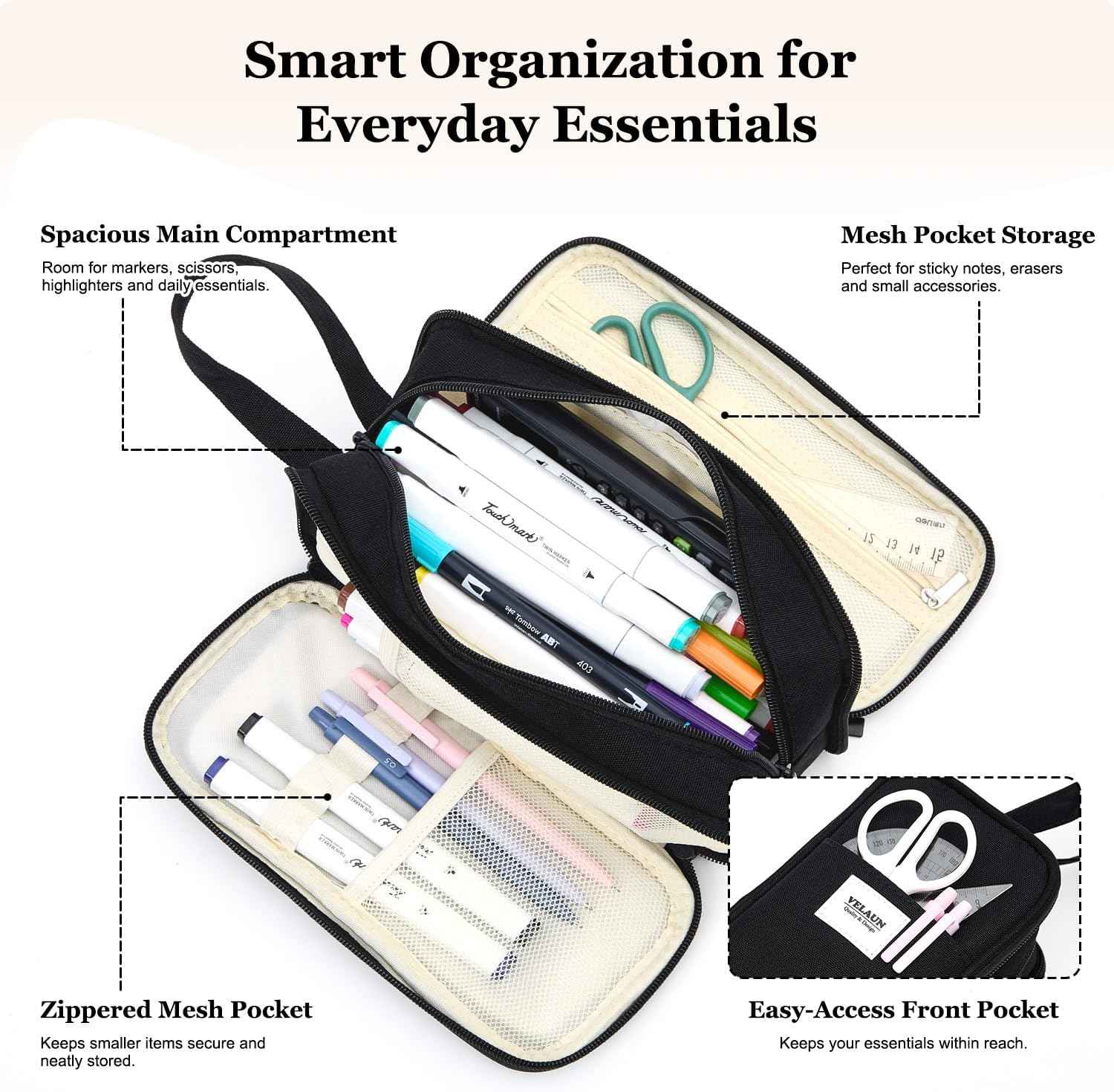 Pencil Case Pouch, Large Capacity Pencil Box Bag, Aesthetic Pen Organizer for School Supplies, Cute Preppy Stuff for Girls Boys Kids, Back to College Stationery, Black
