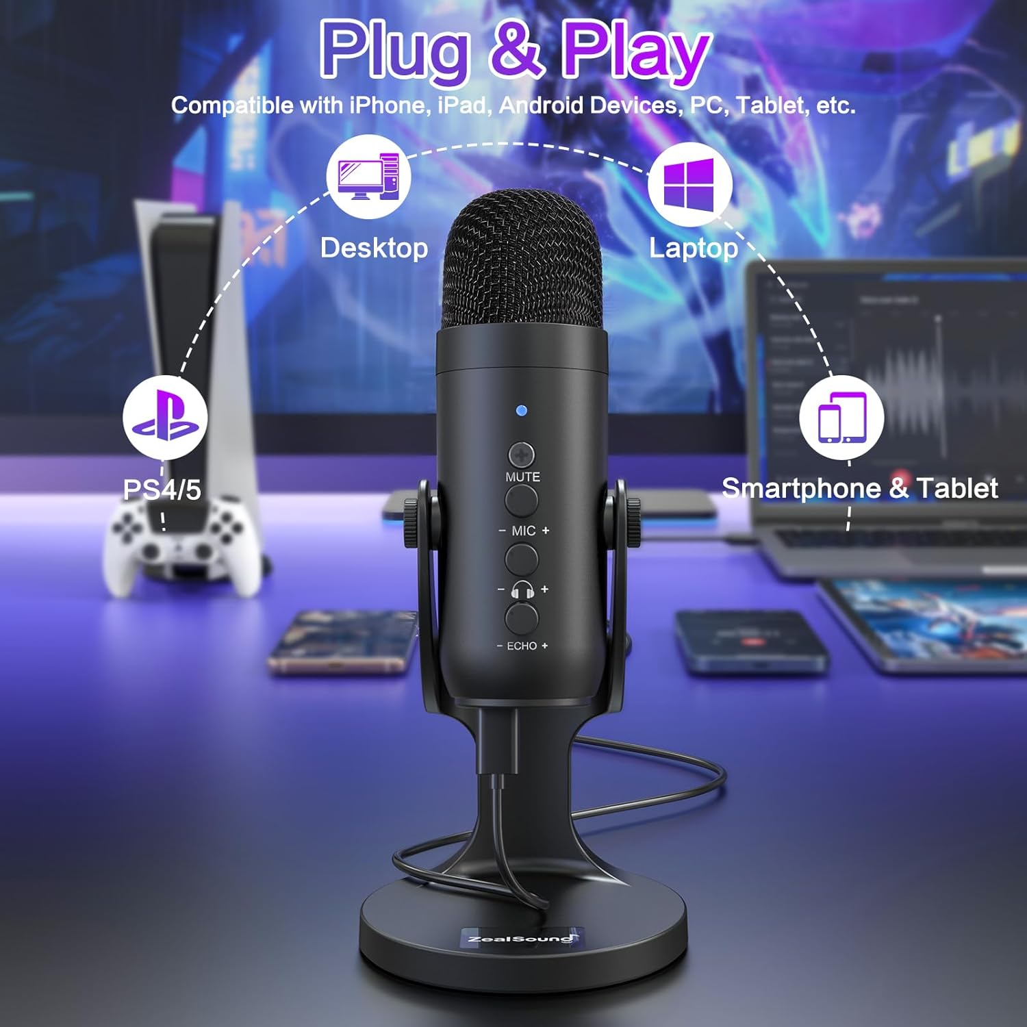 ZealSound Podcast Microphone for PC, Noise Cancellation USB Mic with Gain, Volume Adjustment & Mute Button, Monitoring & Echo, for YouTube, TikTok, Podcasting, Streaming, iPhone, iPad, Android, Mac