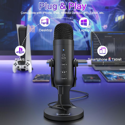 ZealSound Podcast Microphone for PC, Noise Cancellation USB Mic with Gain, Volume Adjustment & Mute Button, Monitoring & Echo, for YouTube, TikTok, Podcasting, Streaming, iPhone, iPad, Android, Mac