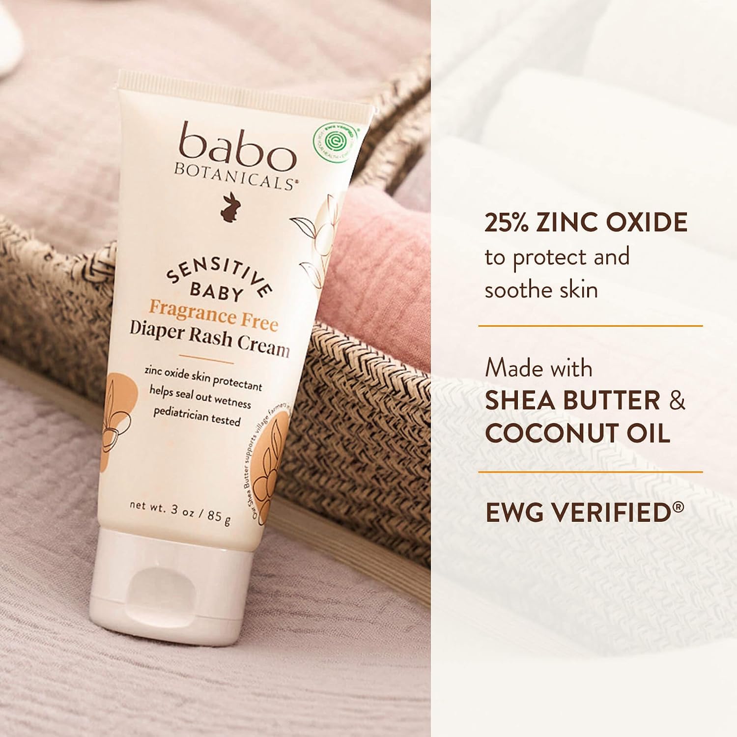 Babo Botanicals Sensitive Baby Fragrance-Free Diaper Cream - 25% Natural Zinc Oxide - Calendula, Shea & Cocoa Butter - EWG Verified - Vegan- From birth on