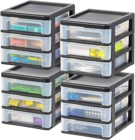 IRIS USA 4-Pack, 3-Drawer Small Plastic Stacking Desktop Organizer, Black | Keep dorm desks tidy with drawers for school supplies, makeup, chargers, snacks and everyday college essentials