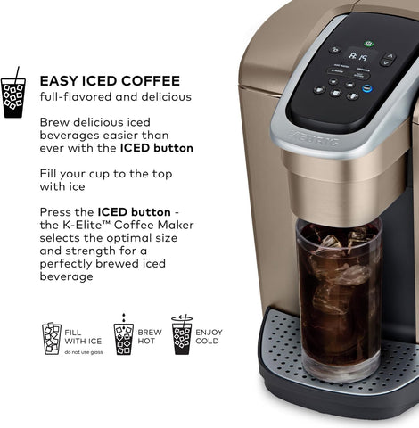 Keurig K-Elite Single Serve K-Cup Pod Coffee Maker, with Strength and Temperature Control, Iced Coffee Capability, 8 to 12oz Brew Size, Programmable, Brushed Gold