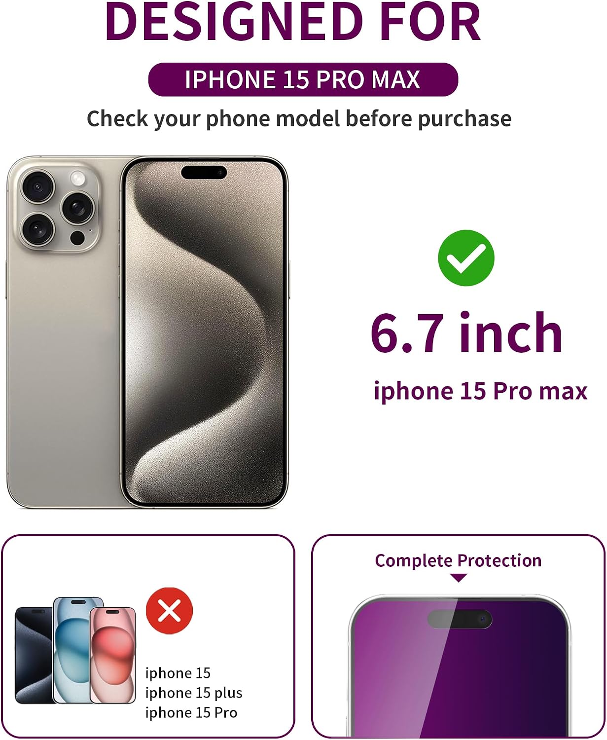 2 Pack Privacy Screen Protector for iPhone 15 Pro Max Tempered Glass 6.7'' Anti-Spy Eye Protection Anti-Scratch Full Coverage
