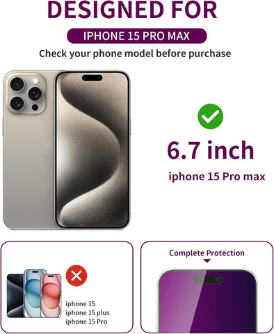 2 Pack Privacy Screen Protector for iPhone 15 Pro Max Tempered Glass 6.7'' Anti-Spy Eye Protection Anti-Scratch Full Coverage