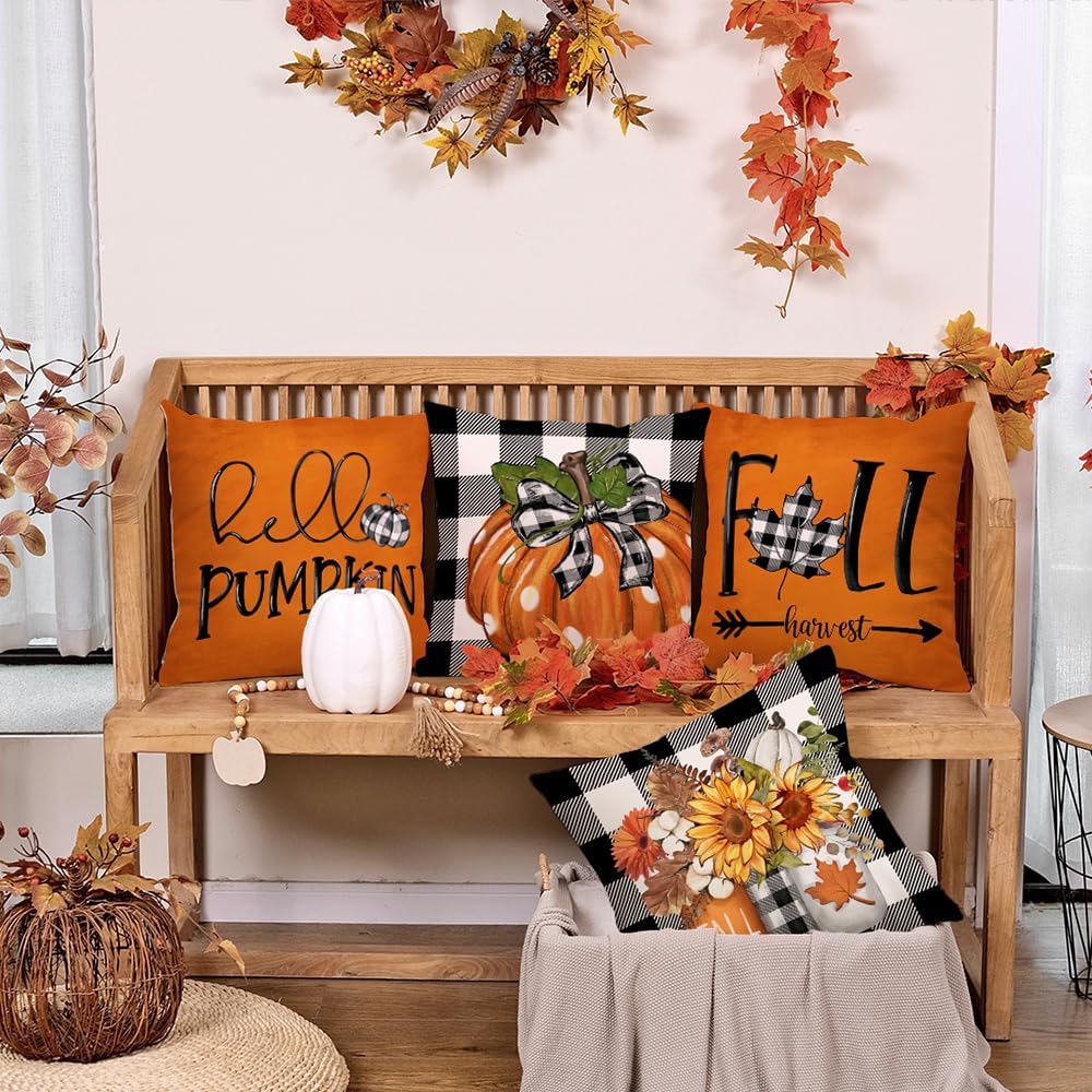 GEEORY Fall Hello Pumpkin Throw Pillow Covers 18x18 Inch Set of 4, Mason Jars Harvest Buffalo Plaid Autumn Decorative Farmhouse Holiday Cushion Cases for Home Decoration (Orange) G536-18
