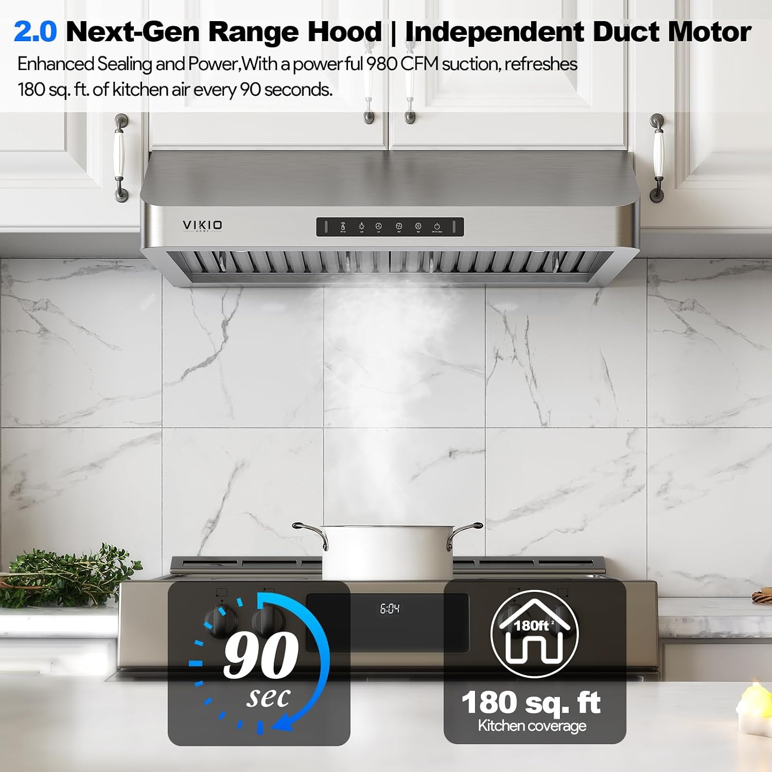 VIKIO HOME 30 Inch Under Cabinet Range Hood 980 CFM, Independent Air Duct, Quiet, 3-Speed Gesture & Touch Control