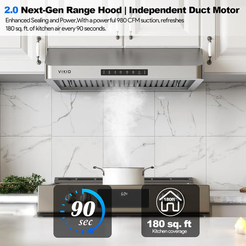 VIKIO HOME 30 Inch Under Cabinet Range Hood 980 CFM, Independent Air Duct, Quiet, 3-Speed Gesture & Touch Control