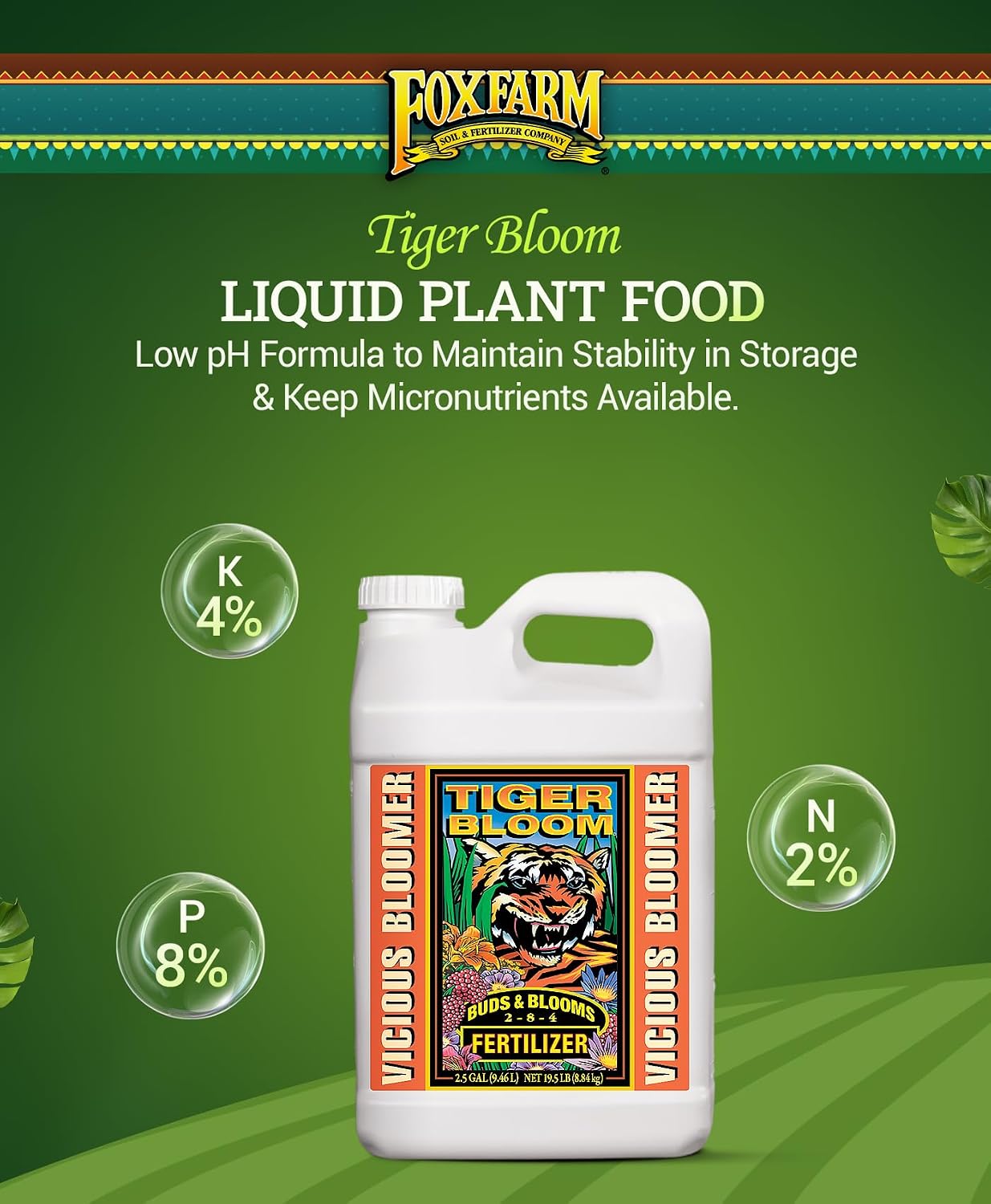 FoxFarm Tiger Bloom Liquid Plant Food - Phosphorus Fertilizer for Buds, Blooms & Flowering - Supports Soil & Hydroponic Systems - High Micronutrient Formula with 2-8-4 Nutrient Ratio - 2.5 Gallons