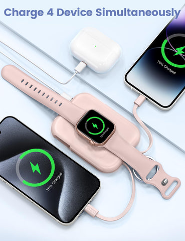 RORRY Portable Charger, 5000mAh Portable Charger Power Bank with Built-in Cables, Travel Keychain Battery Pack for Apple Watch Ultra 2/9/8/Ultra/7/6/SE/5, iPhone 16/15/14/13/12, Pink