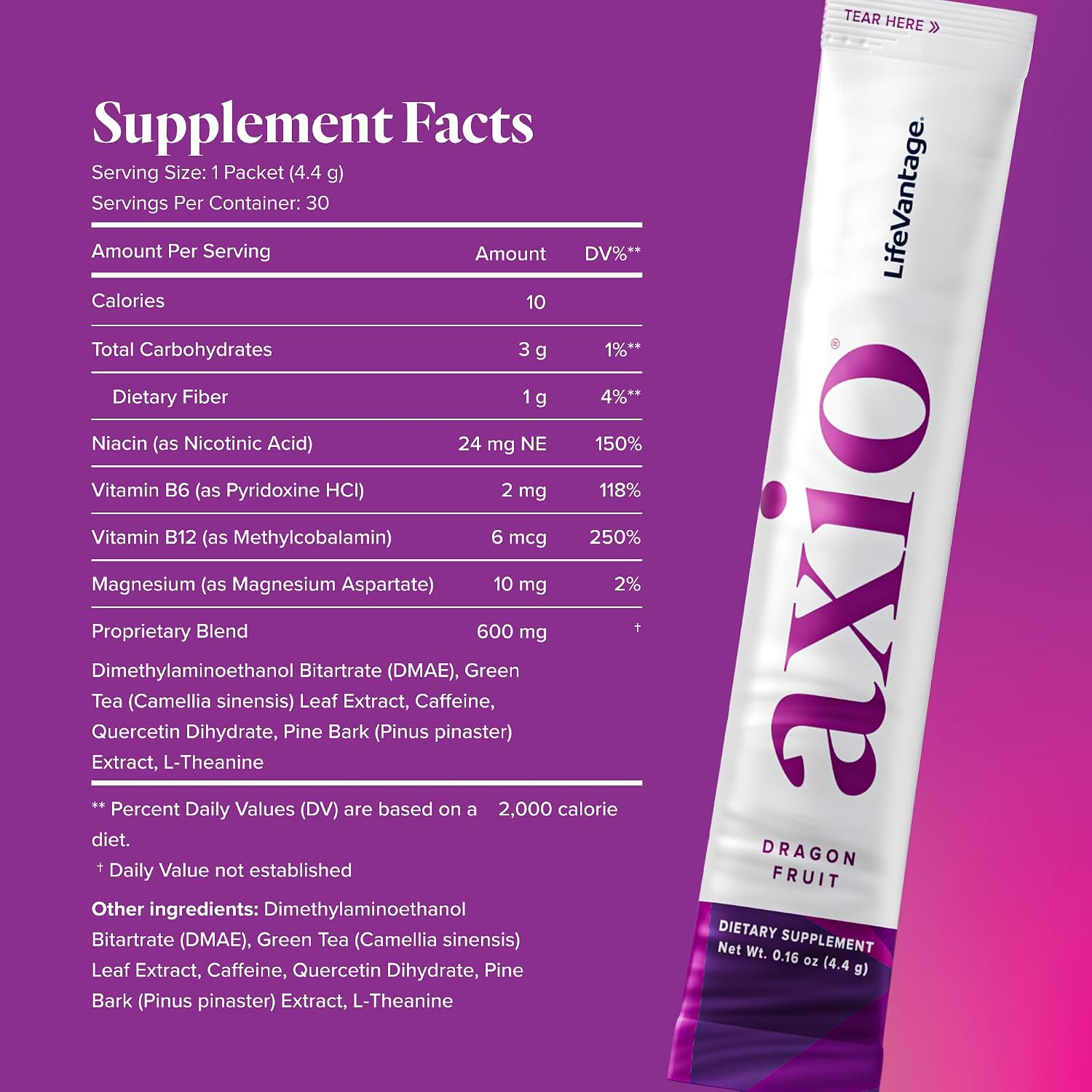 LifeVantage AXIO Nootropic Energy Drink Mix, Dragon Fruit, 30 Packets