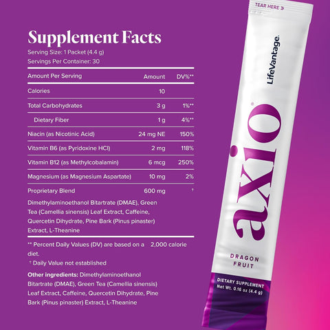 LifeVantage AXIO Nootropic Energy Drink Mix, Dragon Fruit, 30 Packets
