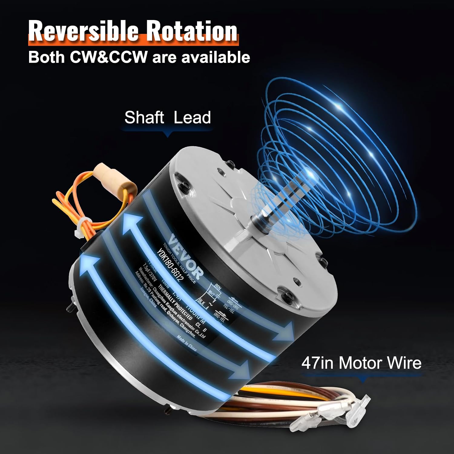 VEVOR OEM Upgraded Condenser Fan Motor, 1/4 HP 1100RPM, Replacement for ac GE Genteq Carrier Bryant Payne Dayton, 5KCP39EGS070S, 5KCP39EGY823S, 3905, HC39GE237, 6DLL0, Reversible Rotating + Capacitor
