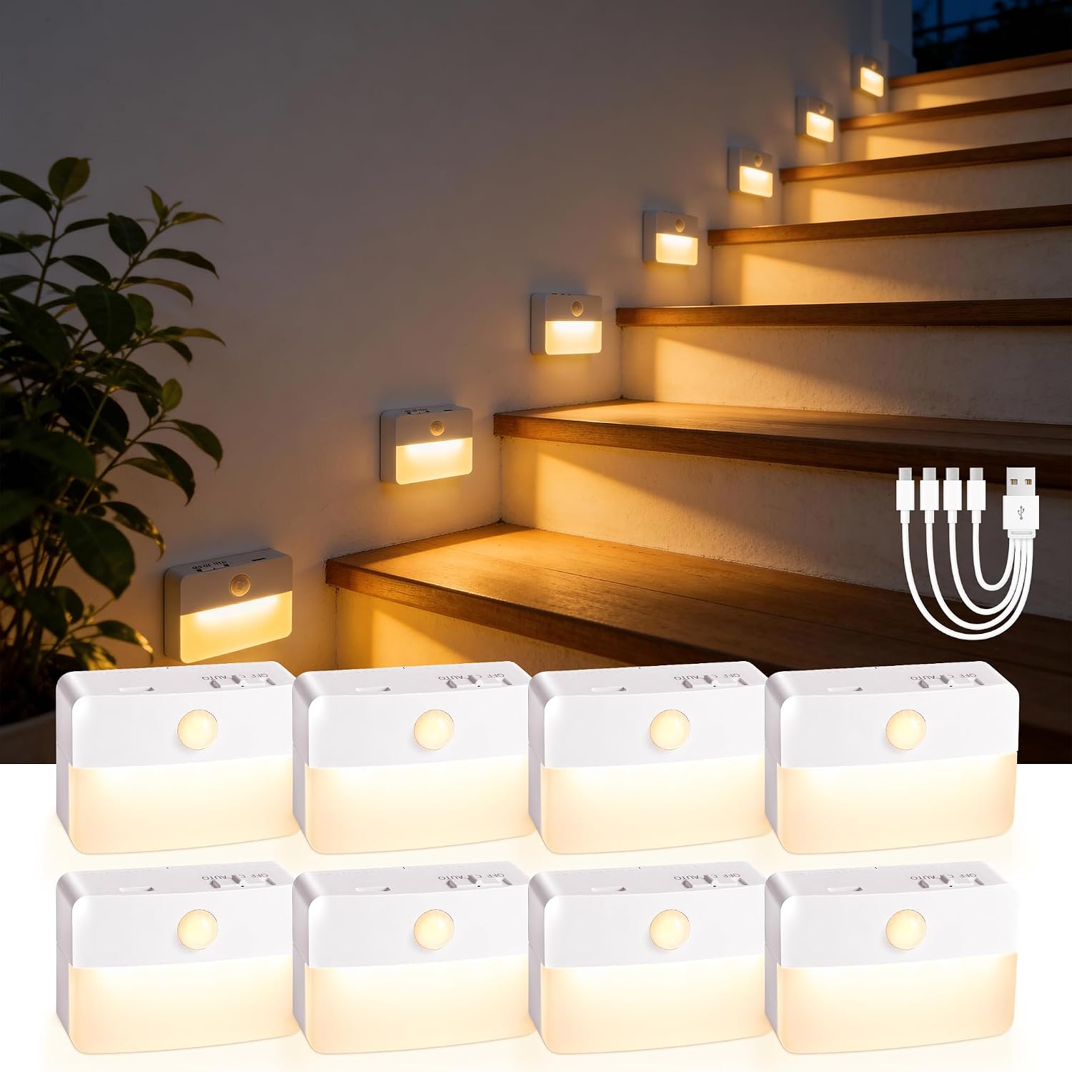 8 Pack Rechargeable Stair Lights for Indoor, Motion Sensor Night Lights