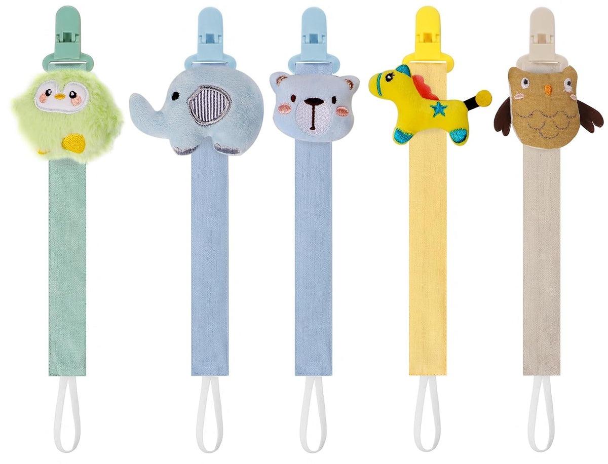 5 Pack Pacifier Clips for Baby Girls and Boys, Multicolor Fabric Straps,5pcs Straps, Approx. 11 in / 29 cm, Resin Clips with Inner Grip Design, Fits Most Pacifiers with Handles(15)