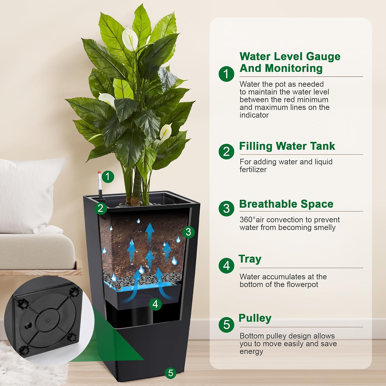 Garvee 30" Tall Planters Set of 2, Outdoor & Indoor Black Planter Pots, High Front Porch Planter Pots with Drainage Holes & Water Level Monitor & Inner Bucket, Black