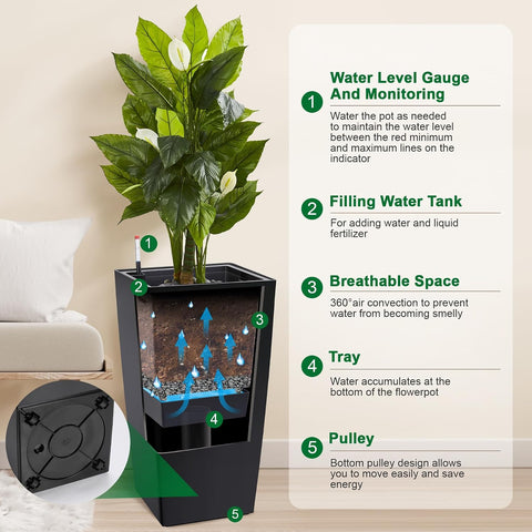 Garvee 30" Tall Planters Set of 2, Outdoor & Indoor Black Planter Pots, High Front Porch Planter Pots with Drainage Holes & Water Level Monitor & Inner Bucket, Black